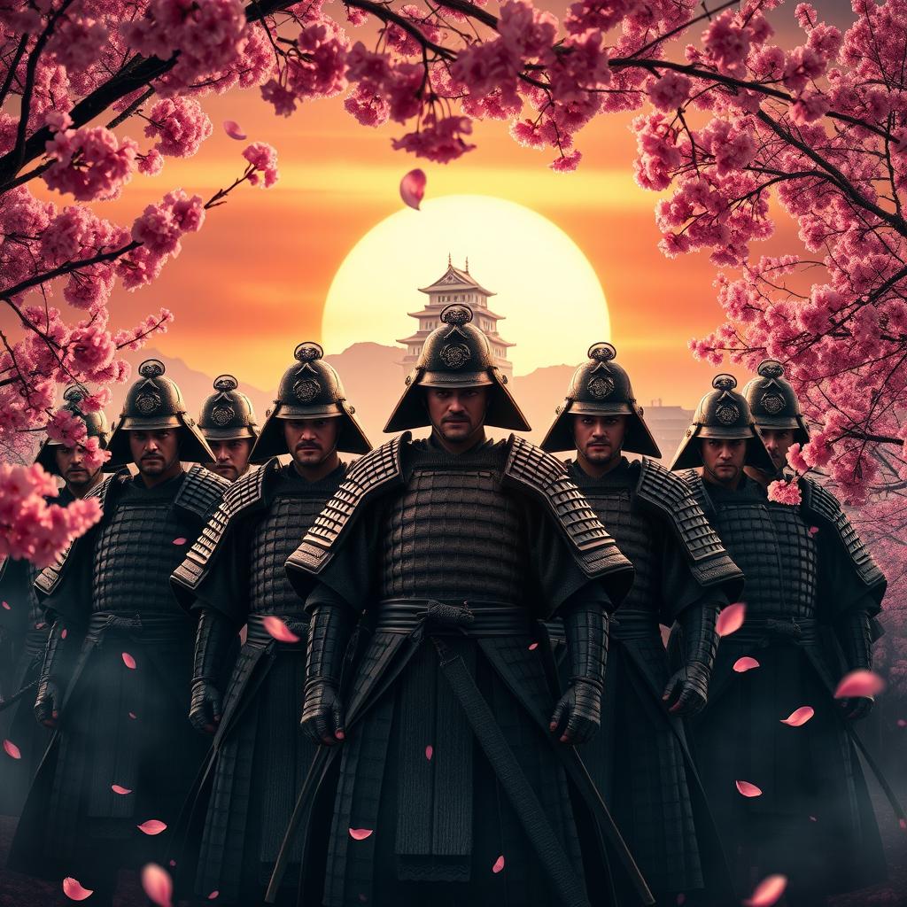 A powerful and dramatic scene depicting the 47 Ronin, a group of samurai, dressed in traditional Japanese armor, standing defiantly in front of a setting sun