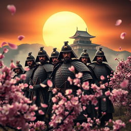 A powerful and dramatic scene depicting the 47 Ronin, a group of samurai, dressed in traditional Japanese armor, standing defiantly in front of a setting sun