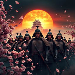 A powerful and dramatic scene depicting the 47 Ronin, a group of samurai, dressed in traditional Japanese armor, standing defiantly in front of a setting sun