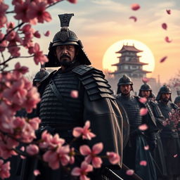 A powerful and dramatic scene depicting the 47 Ronin, a group of samurai, dressed in traditional Japanese armor, standing defiantly in front of a setting sun