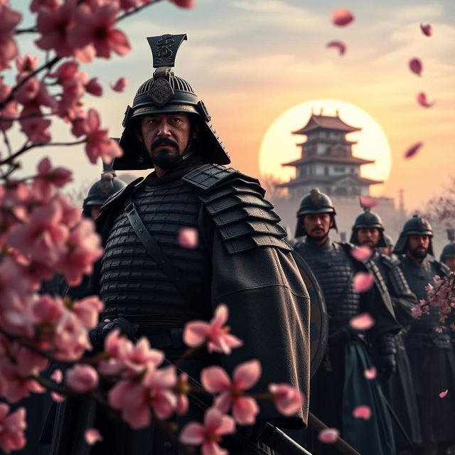 A powerful and dramatic scene depicting the 47 Ronin, a group of samurai, dressed in traditional Japanese armor, standing defiantly in front of a setting sun