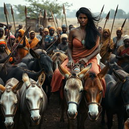 A dusky, very tall Indian woman, 25 years old, with large breasts, riding an old donkey in a pen filled with 10 other donkeys