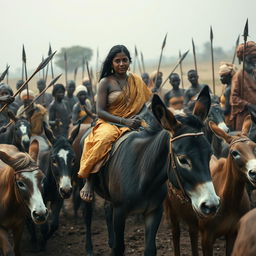 A dusky, very tall Indian woman, 25 years old, with large breasts, riding an old donkey in a pen filled with 10 other donkeys