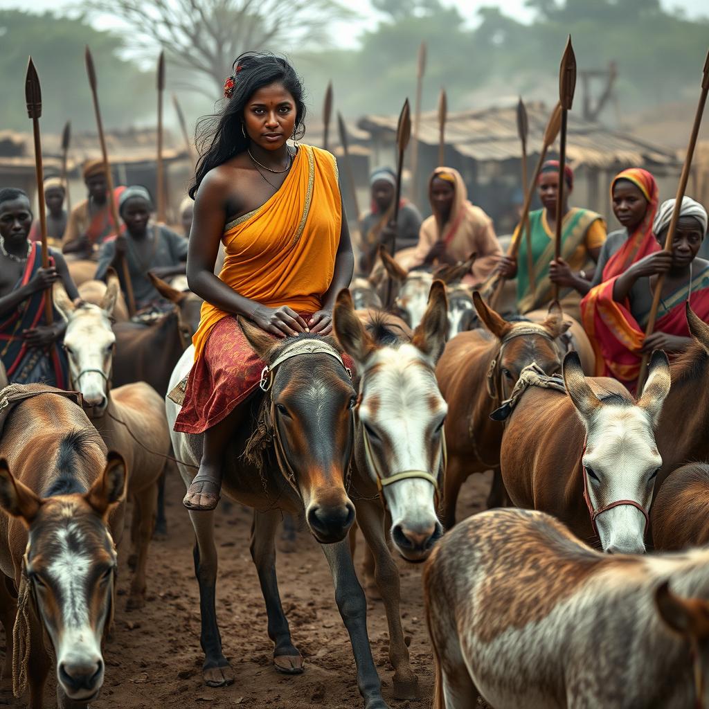 A dusky, very tall Indian woman, 25 years old, with large breasts, riding an old donkey in a pen filled with 10 other donkeys