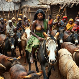 A dusky, very tall Indian woman, 25 years old, with large breasts, riding an old donkey in a pen filled with 10 other donkeys