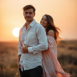 A man standing confidently, while a woman embraces him from behind, her arms wrapped around his torso