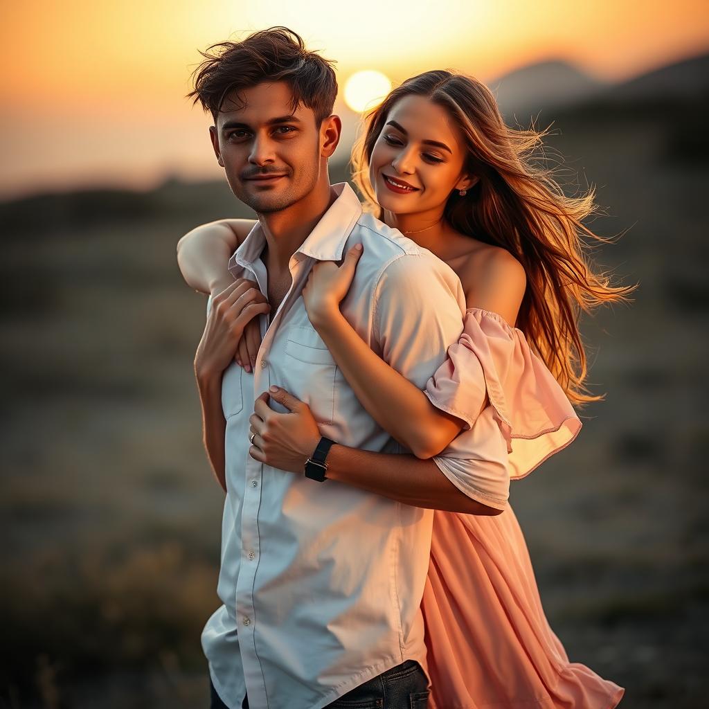 A man standing confidently, while a woman embraces him from behind, her arms wrapped around his torso