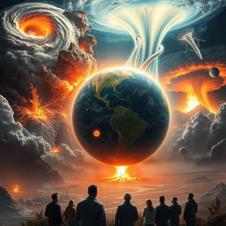 A dramatic scene depicting a futuristic Earth in chaos, with multiple catastrophes occurring simultaneously: fierce hurricanes tearing through cities, massive earthquakes splitting the ground, volcanic eruptions spewing lava and ash, immense floods engulfing rural landscapes, and tornadoes ripping through the sky