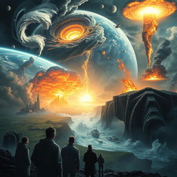 A dramatic scene depicting a futuristic Earth in chaos, with multiple catastrophes occurring simultaneously: fierce hurricanes tearing through cities, massive earthquakes splitting the ground, volcanic eruptions spewing lava and ash, immense floods engulfing rural landscapes, and tornadoes ripping through the sky