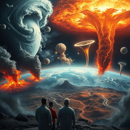 A dramatic scene depicting a futuristic Earth in chaos, with multiple catastrophes occurring simultaneously: fierce hurricanes tearing through cities, massive earthquakes splitting the ground, volcanic eruptions spewing lava and ash, immense floods engulfing rural landscapes, and tornadoes ripping through the sky