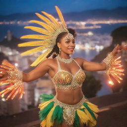 A samba dancer in dazzling festival attire, rhythmically moving under vibrant colored carnival lights with blurring cityscape of Rio de Janeiro in the backdrop.