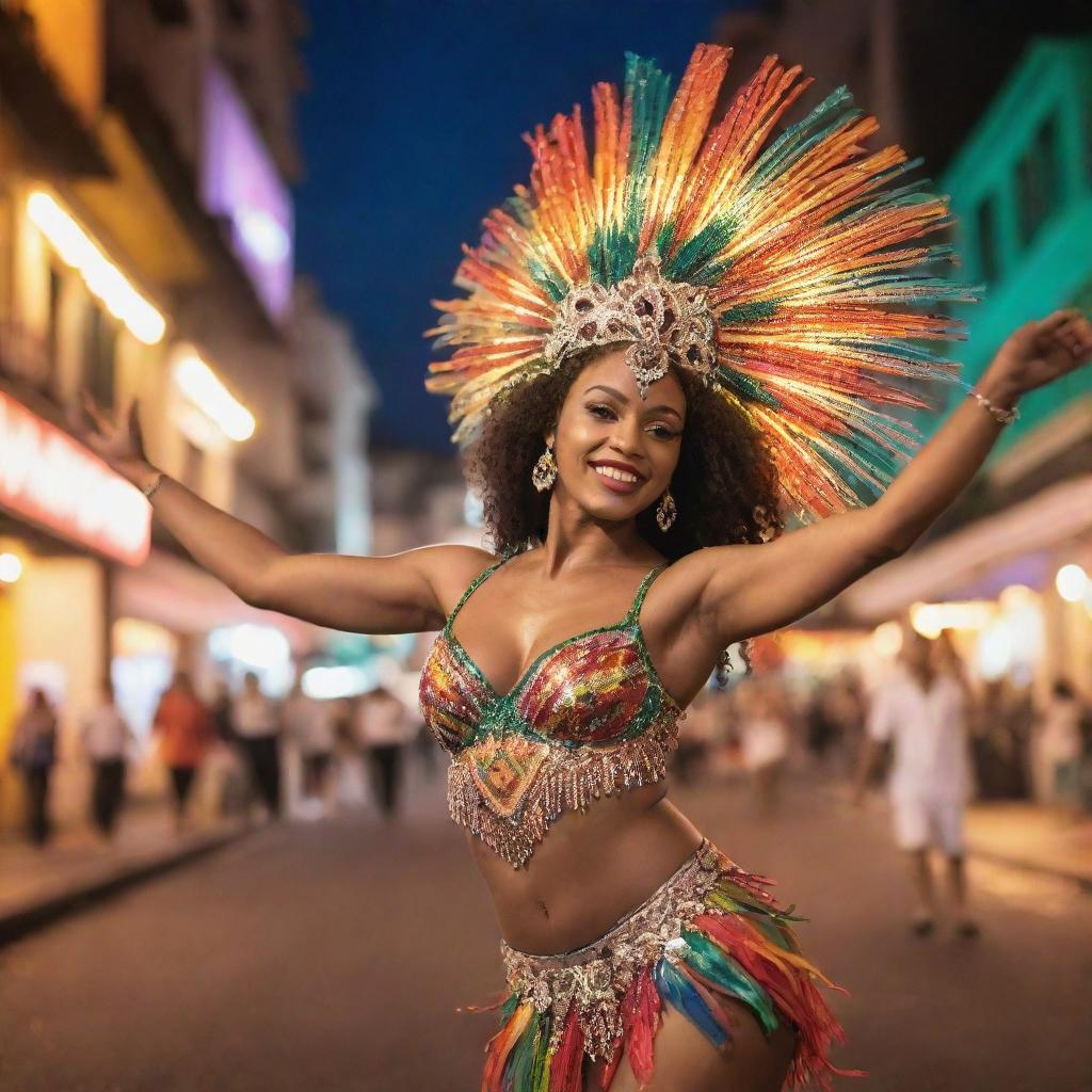 A samba dancer in dazzling festival attire, rhythmically moving under vibrant colored carnival lights with blurring cityscape of Rio de Janeiro in the backdrop.