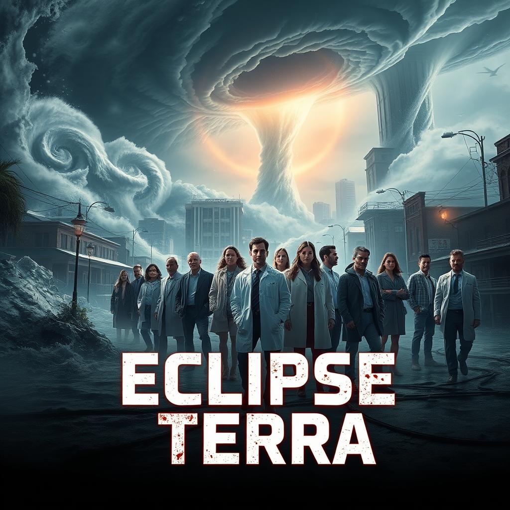 A professional movie poster for the film "Eclipse Terra," set in a near-future Earth overwhelmed by catastrophic natural disasters