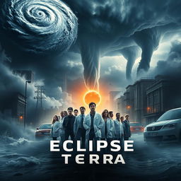 A professional movie poster for the film "Eclipse Terra," set in a near-future Earth overwhelmed by catastrophic natural disasters