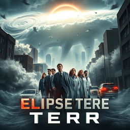 A professional movie poster for the film "Eclipse Terra," set in a near-future Earth overwhelmed by catastrophic natural disasters