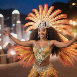 A samba dancer in dazzling festival attire, rhythmically moving under vibrant colored carnival lights with blurring cityscape of Rio de Janeiro in the backdrop.