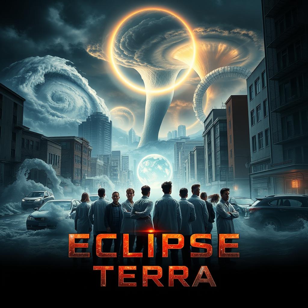 A professional movie poster for the film "Eclipse Terra," set in a near-future Earth overwhelmed by catastrophic natural disasters