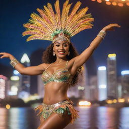 A samba dancer in dazzling festival attire, rhythmically moving under vibrant colored carnival lights with blurring cityscape of Rio de Janeiro in the backdrop.