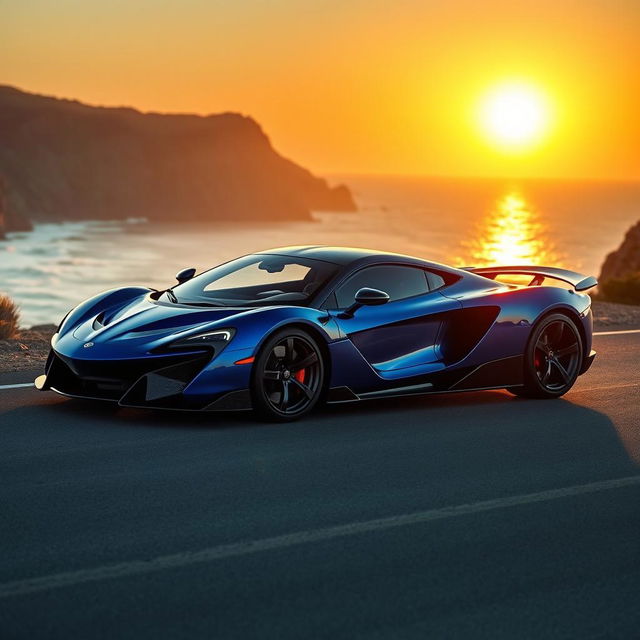 A sleek and powerful supercar parked on a deserted coastal road during sunset