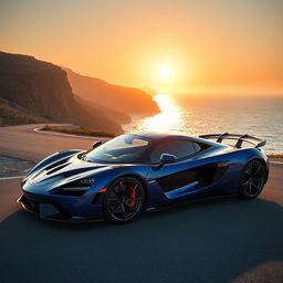 A sleek and powerful supercar parked on a deserted coastal road during sunset