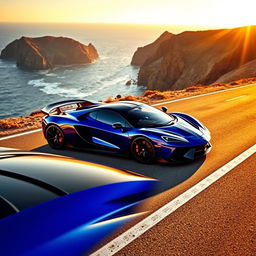 A sleek and powerful supercar parked on a deserted coastal road during sunset