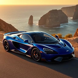 A sleek and powerful supercar parked on a deserted coastal road during sunset