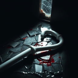 A dramatic scene featuring a blind man's white cane lying on shattered, blood-stained glass