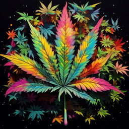 A painting in the vibrant, hallucinatory style of renowned artist Takashi Murakami, with the primary focus being a detailed, exquisitely rendered marijuana leaf.