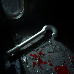 A dramatic scene featuring a blind man's white cane lying on shattered, blood-stained glass