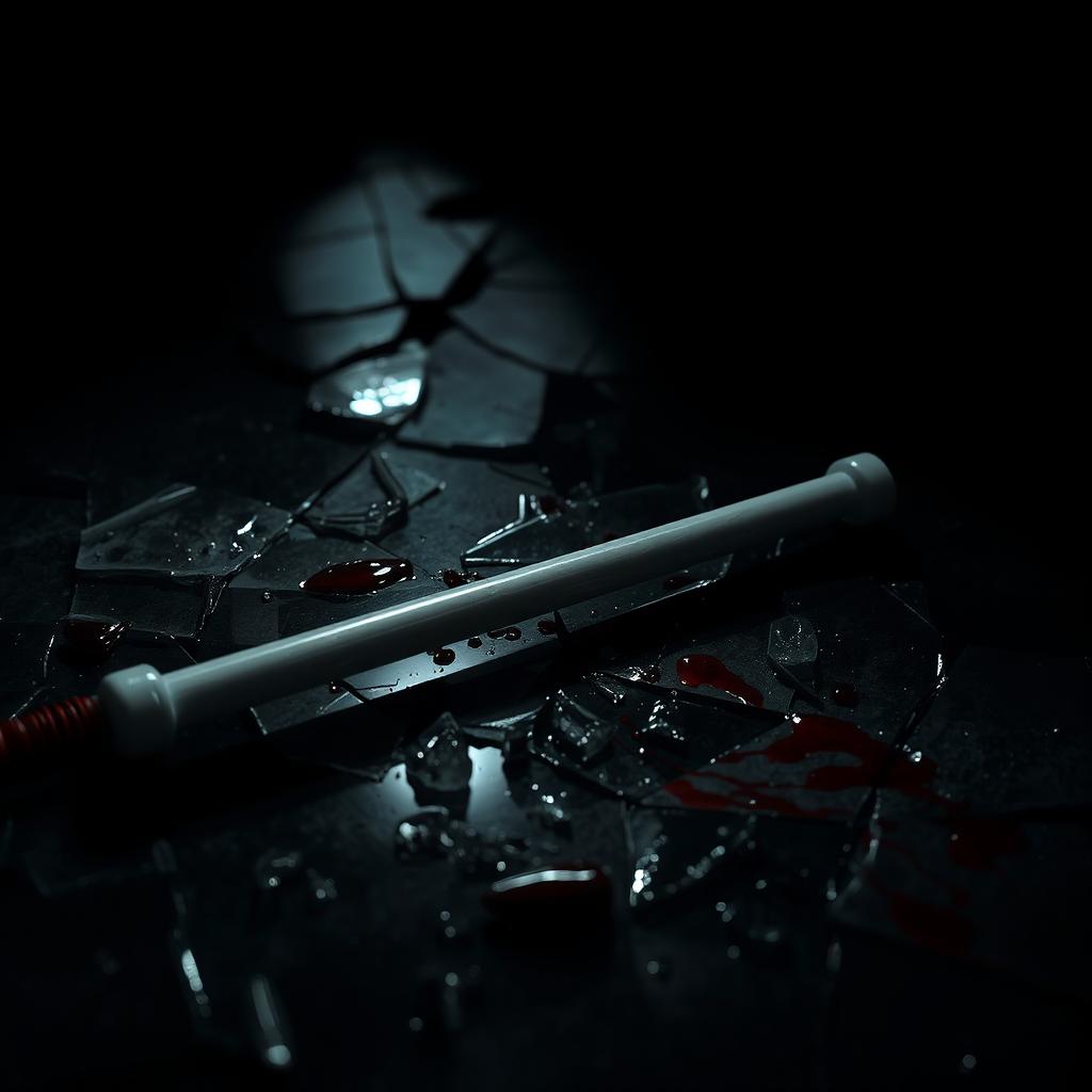 A dramatic scene featuring a blind man's white cane lying on shattered, blood-stained glass