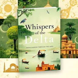 A modern book cover featuring the title "Whispers of the Delta: Bangladesh Through the Ages" in a simple yet unique font that exudes an air of elegance