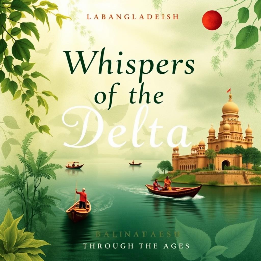 A modern book cover featuring the title "Whispers of the Delta: Bangladesh Through the Ages" in a simple yet unique font that exudes an air of elegance