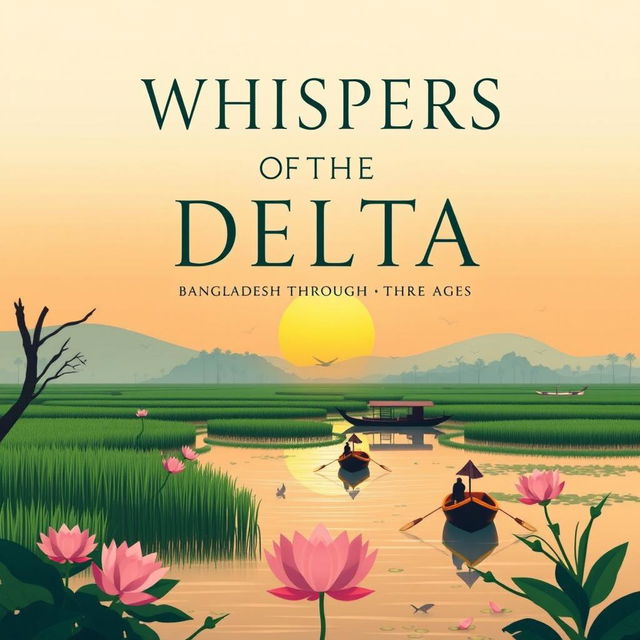 A modern book cover featuring the title "Whispers of the Delta: Bangladesh Through the Ages" in a simple yet visually captivating font