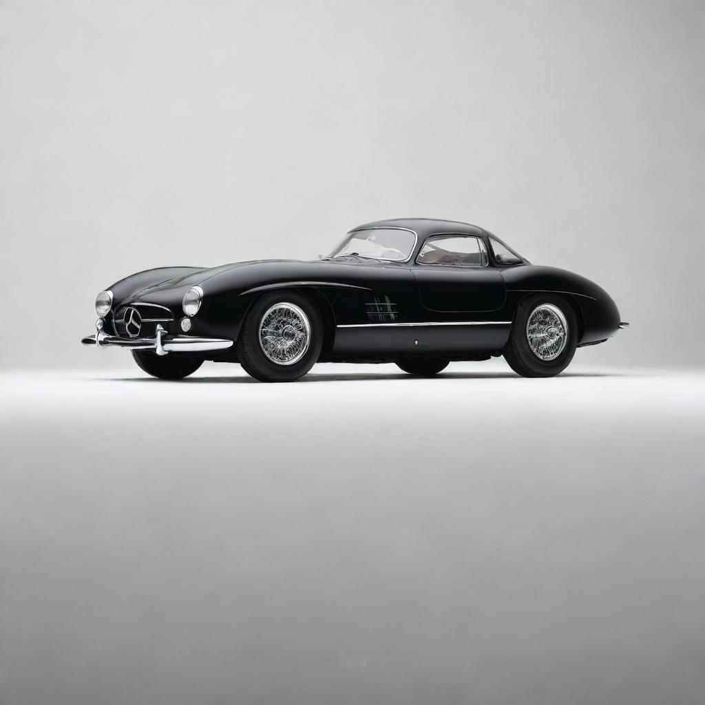 A sleek, matte black 1955 Mercedes-Benz 300 SLR Uhlenhaut Coupe Prototype, captured in clear detail against a neutral backdrop.