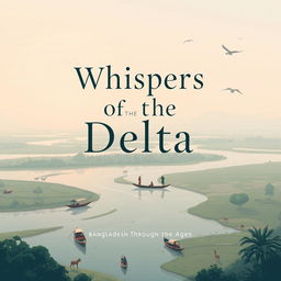 A modern book cover design featuring the title "Whispers of the Delta: Bangladesh Through the Ages" in a clean and unique font that reflects elegance and simplicity