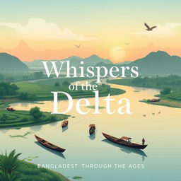 A modern book cover design featuring the title "Whispers of the Delta: Bangladesh Through the Ages" in a clean and unique font that reflects elegance and simplicity