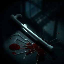 A visually striking and atmospheric scene featuring a white cane belonging to a blind individual, lying on a broken, blood-stained glass surface