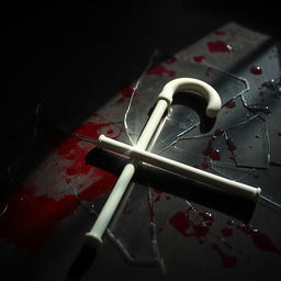 A visually striking and atmospheric scene featuring a white cane belonging to a blind individual, lying on a broken, blood-stained glass surface