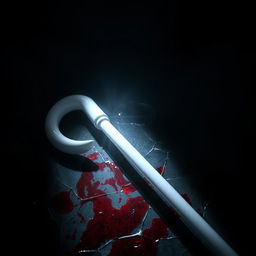 A visually striking and atmospheric scene featuring a white cane belonging to a blind individual, lying on a broken, blood-stained glass surface