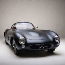 A sleek, matte black 1955 Mercedes-Benz 300 SLR Uhlenhaut Coupe Prototype, captured in clear detail against a neutral backdrop.