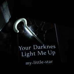 A visually striking and atmospheric book cover featuring a white cane belonging to a blind individual, lying on a broken, blood-stained glass surface