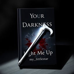 A visually striking and atmospheric book cover featuring a white cane belonging to a blind individual, lying on a broken, blood-stained glass surface