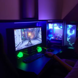 A young individual engrossed in an engaging online game on a low-budget but functional gaming setup, with dim ambient lighting enhancing the glowing screens.