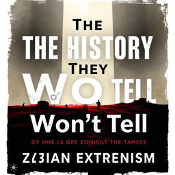 A modern book cover for the title "The History They Won't Tell" focusing on the theme of Zionist extremism