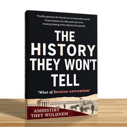 A modern book cover for the title "The History They Won't Tell" focusing on the theme of Zionist extremism