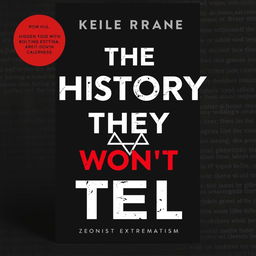 A modern book cover for the title "The History They Won't Tell," focusing on Zionist extremism