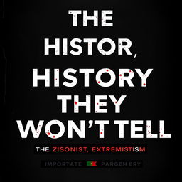 A modern book cover for the title "The History They Won't Tell," focusing on Zionist extremism