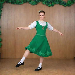 An Irish step dancer in traditional clothing, executing precise footwork on a wooden stage, with a vibrant green shamrock-filled backdrop.