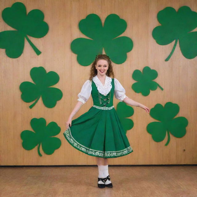 An Irish step dancer in traditional clothing, executing precise footwork on a wooden stage, with a vibrant green shamrock-filled backdrop.