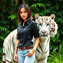 A beautiful Asian woman with shoulder-length hair and fair skin, wearing a crisp black shirt and light blue jeans, standing confidently beside a majestic white tiger